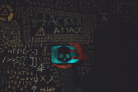Tafel mit Begriffen der IT-Security wie Hacker und Attack. Laptop mit Datenströmen und Schädel im Vordergrund.