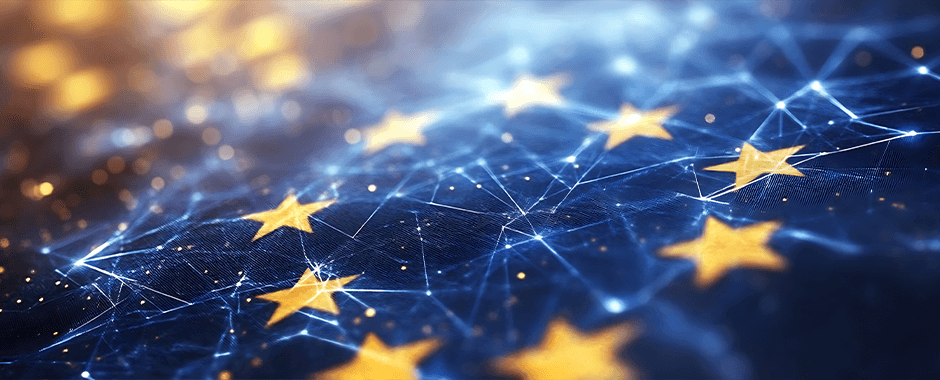 Die Sterne einer EU-Flagge mit einem digitalen Netz zwischen Ihnen, zur Verdeutlichung von EU-AI-Act Compliance